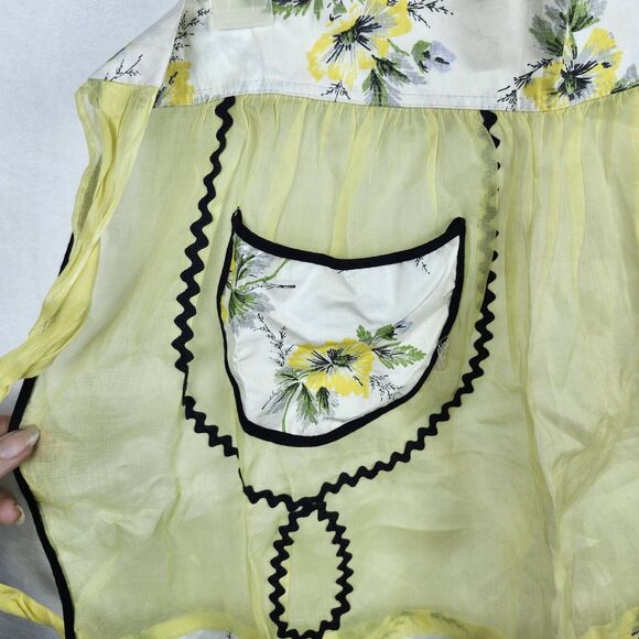 Vtg Sheer Half Hostess Apron Dainty Floral Yellow Organza Black Trim Cottagecore - Picture 3 of 8
